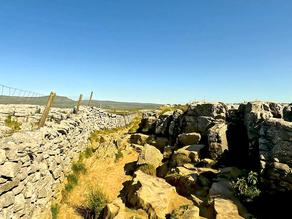 The Yorkshire 3 Peaks path passing between the wall and the limestone pavement