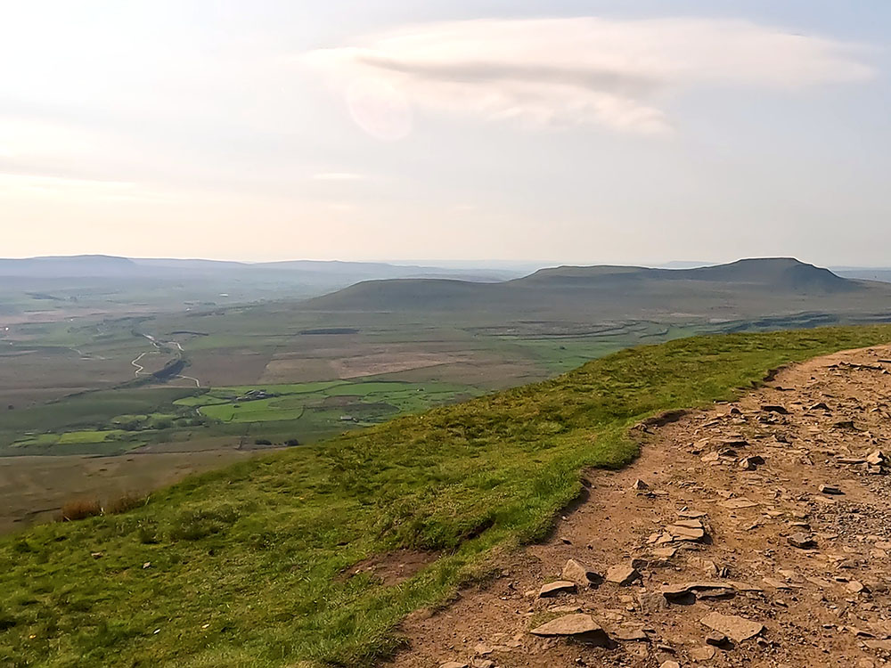 View from the summit of Whernside of the Ribblehead Viaduct, Pen-y-ghent and Ingleborough