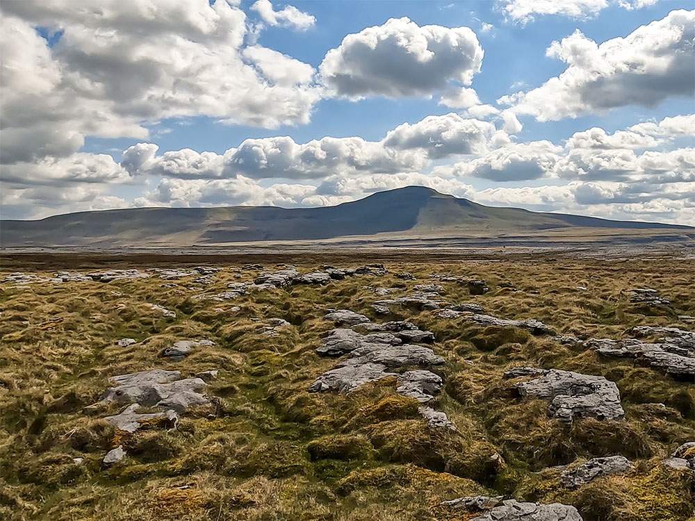 Looking across over limestone outcrops on Whernside towards Ingleborough